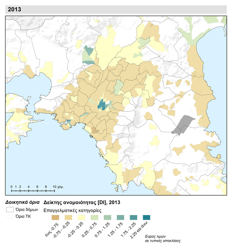Ευρύτερες επαγγελματικές κατηγορίες βασικής πηγής εισοδήματος των νοικοκυριών σε διαδοχικές ζώνες γειτνίασης στις χωρικές ενότητες ανάλυσης της μητροπολιτικής περιοχής της Αθήνας (2013)