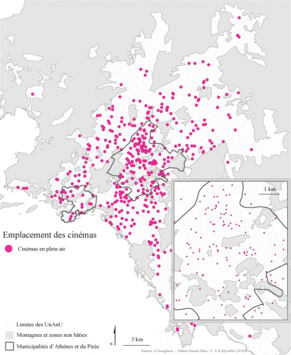 Carte 5 : Emplacement des cinémas en plein air et des cinémas de type mixte dans la région du Grand-Athènes entre 1950 et 2014