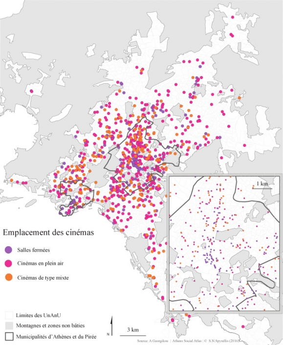 Carte 1 : Emplacement des salles de cinéma, des cinémas en plein air et des cinémas de type mixte dans la région du Grand-Athènes entre 1950 et 2014