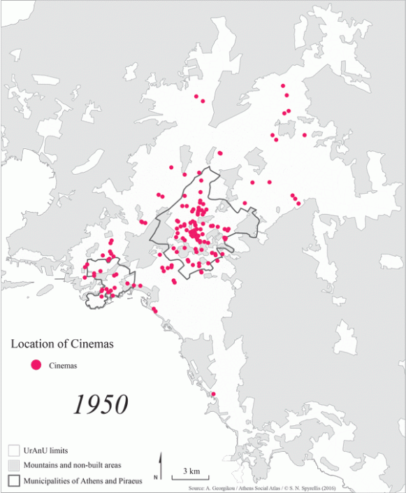 Carte 2 : Évolution de l'emplacement des salles de cinéma dans la région du Grand-Athènes entre 1950 et 2014