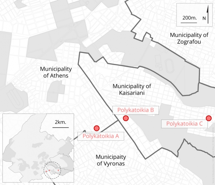 Map 1: Location of the 3 apartment blocks (polykatoikies)