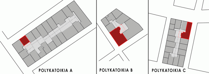 Figure 1: Urban block plot and the 3 apartment blocks polykatoikies