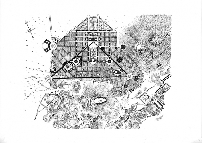 Figure 1: Le plan Kleanthis-Schaubert (1833) et ses représentations schématiques (source: schéma de l’auteur D.Karidis 2014, Fig. III. 2)