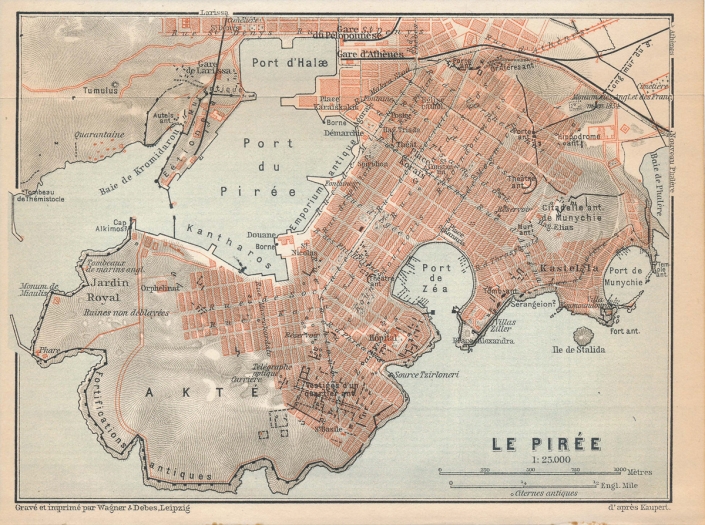 Map 2: Piraeus in the early 20th century. On top at the right, one notices the monument and the French-British cemetery (« Monument of the English and the French, cemetery »)