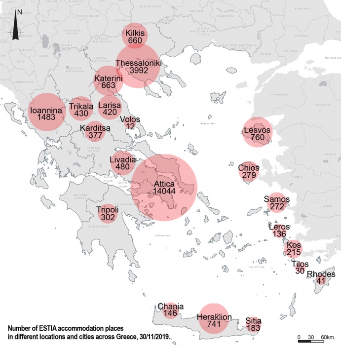 Carte 1: Nombre de places d’hébergement du programme ESTIA par villes et régions en Grèce, 30/11/2019. Source : UNHCR (2019), ESTIA, Notes d’Information, Note d’Information sur le logement, Novembre 2019 et traitement par l’auteur.
