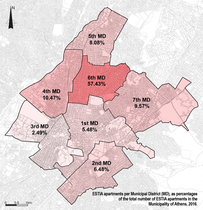 Carte 2: Pourcentage d’appartements ESTIA par Secteurs Municipaux, sur la totalité des appartements ESTIA de la Municipalité d’Athènes, 2016. Source: Παπαγιαννάκης (2017). Réponse à une question d’un collectif d’habitants d’Athènes. Thème : Programme d’hébergement des réfugiés de la Municipalité d’Athènes en collaboration avec le Haut Commissariat aux Réfugiés. Athènes, 21 février 2017 et traitement par l’auteur.