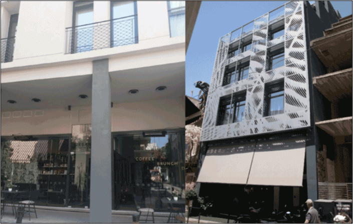 Photo 3: Appartements à louer à court terme (à gauche) et hôtel (à droite) dans la rue Karaiskaki, combinés à des services de restauration et de loisirs. Source: Auteur 2019
