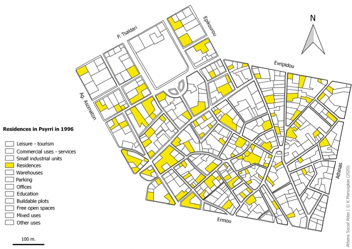 Carte 10: Habitations à Psyri en 1996. Source: fonds de carte d’ELSTAT, étude d’Attico Metro, 1996, traitement par l’auteur