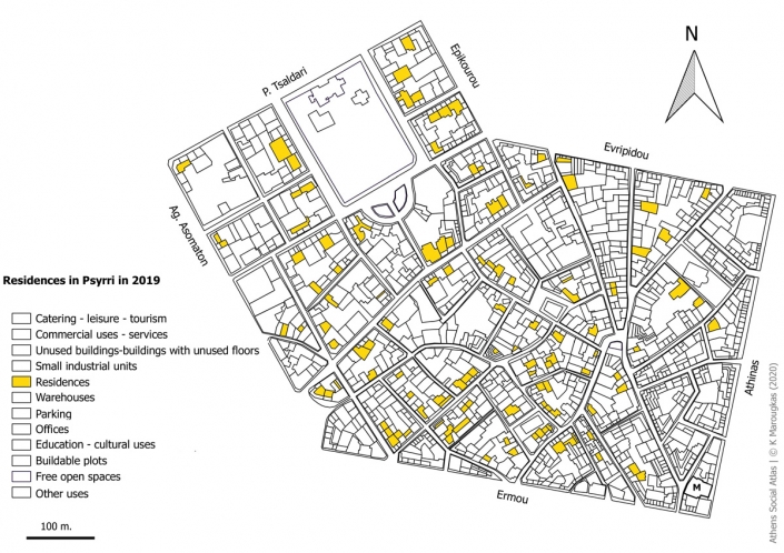 Carte 11: Habitations à Psyri en 2019. Source: fonds de carte d’ELSTAT, traitement par l’auteur