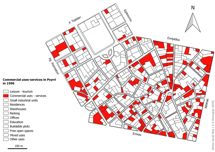 Carte 12: Usages commerciaux et de services à Psyri en 1996. Source: fonds de carte d’ELSTAT, étude d’Attico Metro, 1996, traitement par l’auteur