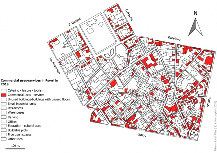 Carte 13: Usages commerciaux et de services à Psyri en 2019. Source: fonds de carte d’ELSTAT, traitement par l’auteur