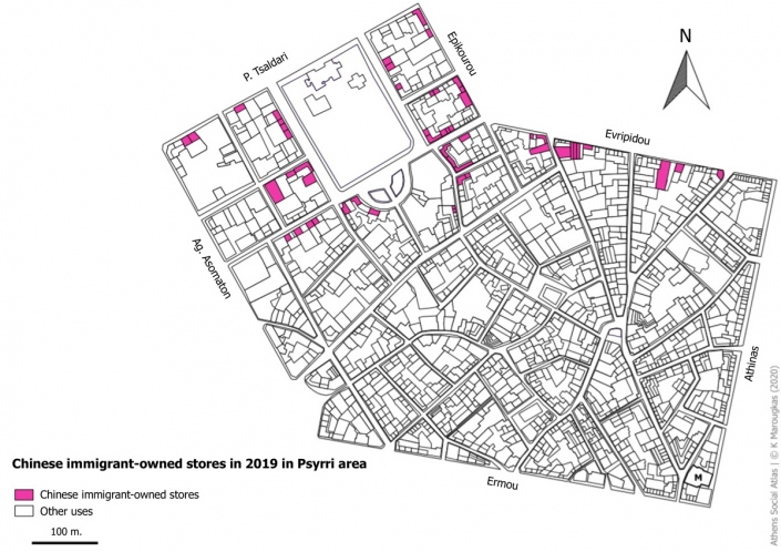 Carte 14: Magasins tenus par des immigrés chinois en 2019 à Psyri. Source: fonds de carte d’ELSTAT, traitement par l’auteur