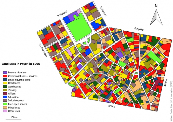 Carte 1: Usage du foncier a Psyri en 1996 Sources: fonds de carte d’ELSTAT, étude d’Attico Metro, 1996, traitement par l’auteur