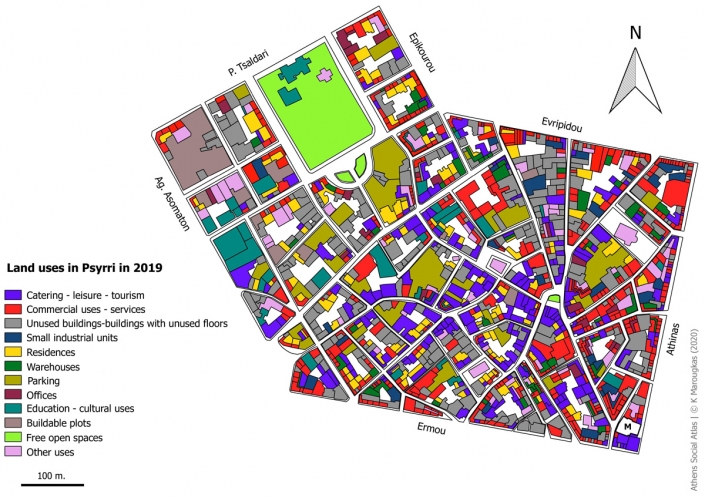 Carte 2: Usage du foncier a Psyri en 2019. Source: fonds de carte d’ELSTAT, traitement par l’auteur