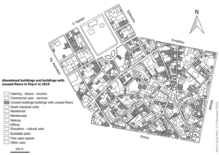 Carte 3: bâtiments, rez-de chaussée ou étages de bâtiments non habités à Psyri en 2019. Source: fonds de carte d’ELSTAT, collecte de données sur le terrain, traitement par l’auteur