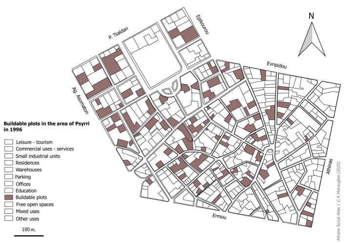 Carte 4: Terrains vagues constructibles à Psyri en 1996. Source: fonds de carte d’ELSTAT, étude d’Attico Metro, 1996, traitement par l’auteur