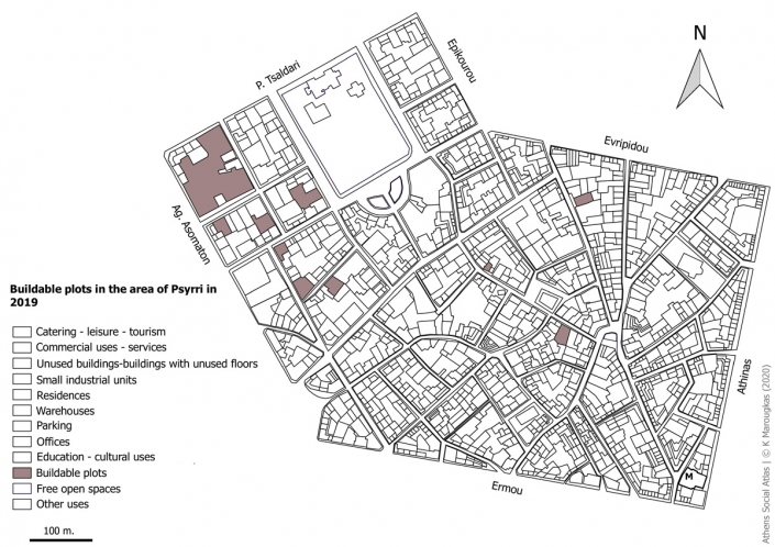 Carte 5 : Terrains vagues constructibles à Psyri en 2019. Source: fonds de carte d’ELSTAT, traitement par l’auteur