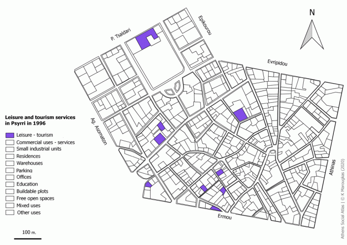 Carte 6: Usages liés aux loisirs et au tourisme à Psyri en 1996. Source: fonds de carte d’ELSTAT, étude d’Attico Metro, 1996, traitement par l’auteur