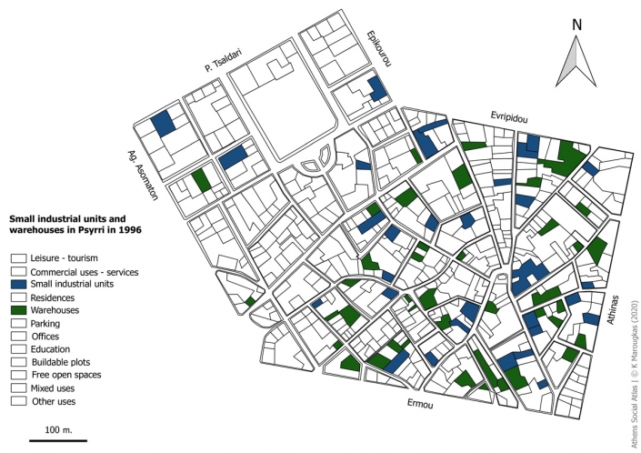 Carte 8: Artisanat et entrepôts à Psyri en 1996. Source: fonds de carte d’ELSTAT, étude d’Attico Metro, 1996, traitement par l'auteur