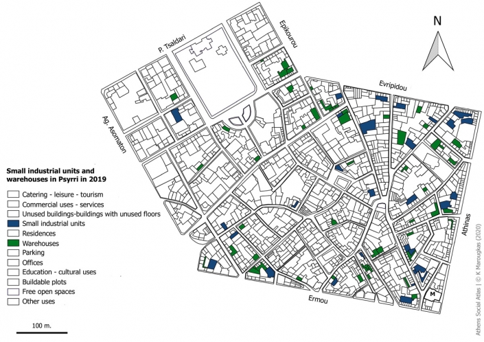 Carte 9: Artisanat et entrepôts à Psyri en 2019. Source: fonds de carte d’ELSTAT, traitement par l’auteur