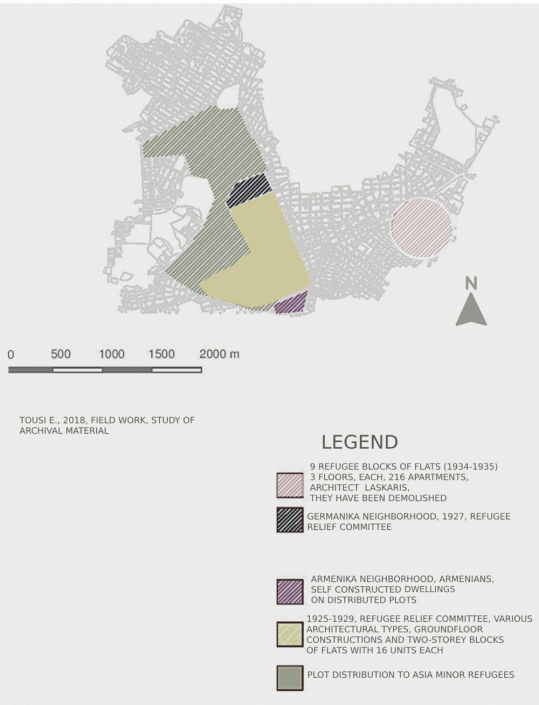 Figure 1: Carte de Nikaia reprenant les divers types de logement Source: Toussi E. 2018, étude du matériel d’archives du Service technique de la Ville de Nikaia - Agios Ioannis Renti et du Service d’assistance sociale de la Région de l’Attique, source de la carte : Service technique de la Ville de Nikaia - Agios Ioannis Renti.