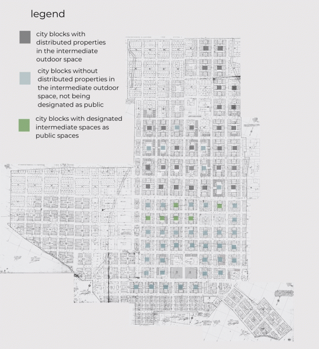 Figure 5: espaces communs ouverts dans les îlots bâtis du quartier de Nikaia, représentation des espaces communs qualifiés, dans les répartitions initiales et autres cas Source: Synthèse de plans cadastraux individuels et indication des espaces suite à l’étude du matériel d’archives du Service d’assistance sociale, Région de l’Attique, traitement par l’auteur