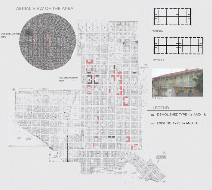 Figure 6: Comparison of today’s aerial photograph of the area with the original distribution map (composition of a map by combining individual cadastral sheets). Marking of the existing two-story refugee houses as well as those that were demolished. Source: List of floor plan sketches of these architectural types, field work and mapping, author’s work